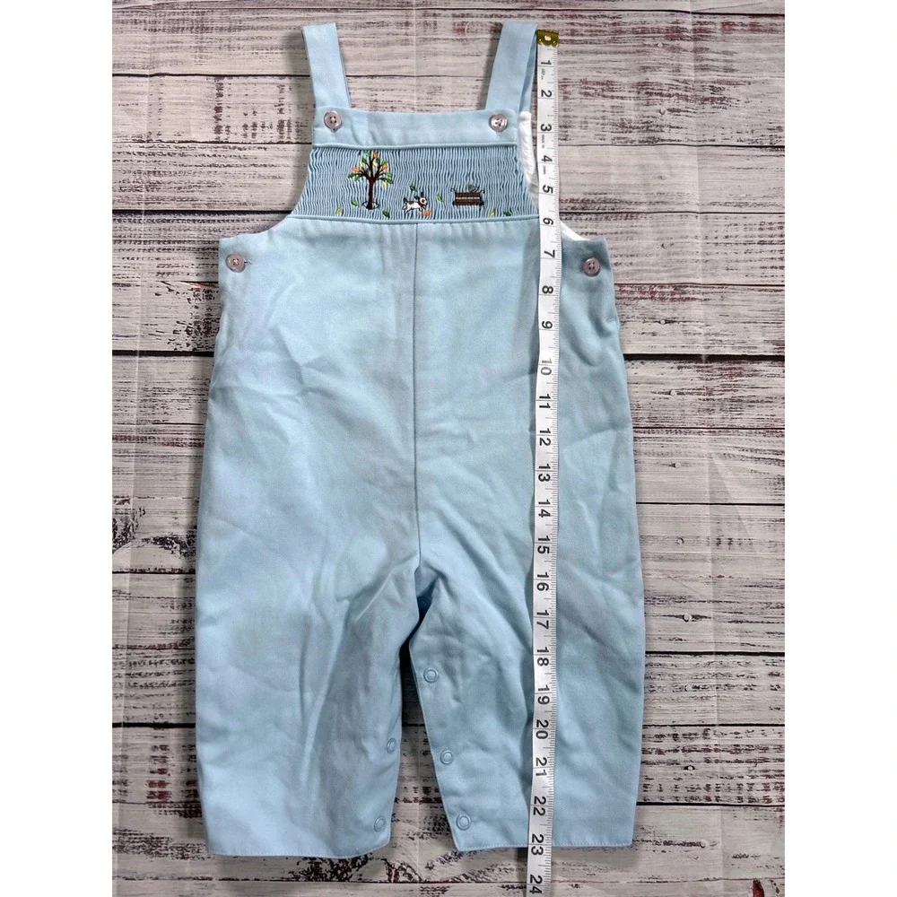 Talbots Kids Vintage Overalls Kids Light Blue Smocked Embroidered Dog Tree 12M
